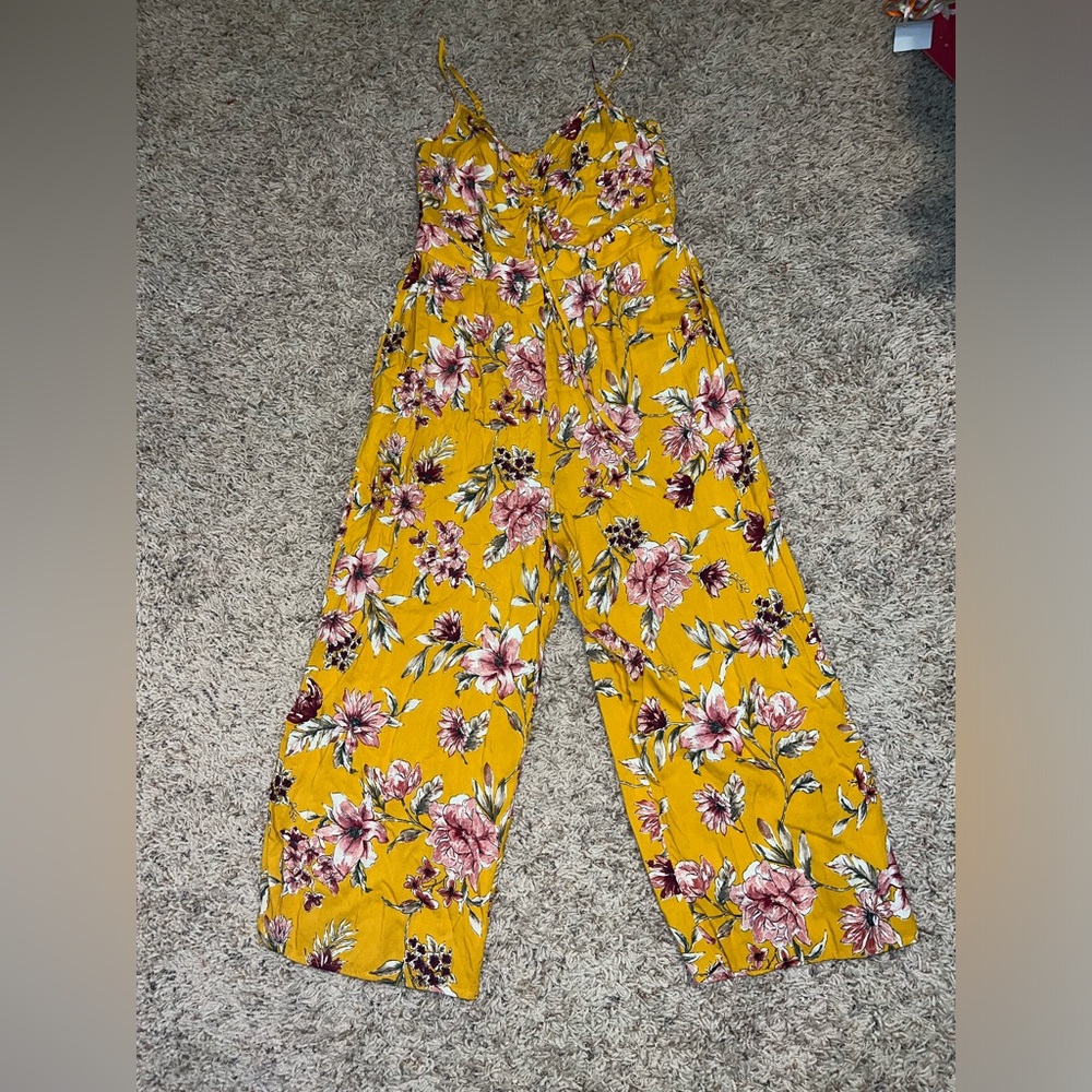 Yellow floral cropped length romper with pockets sleeveless & adjustable straps